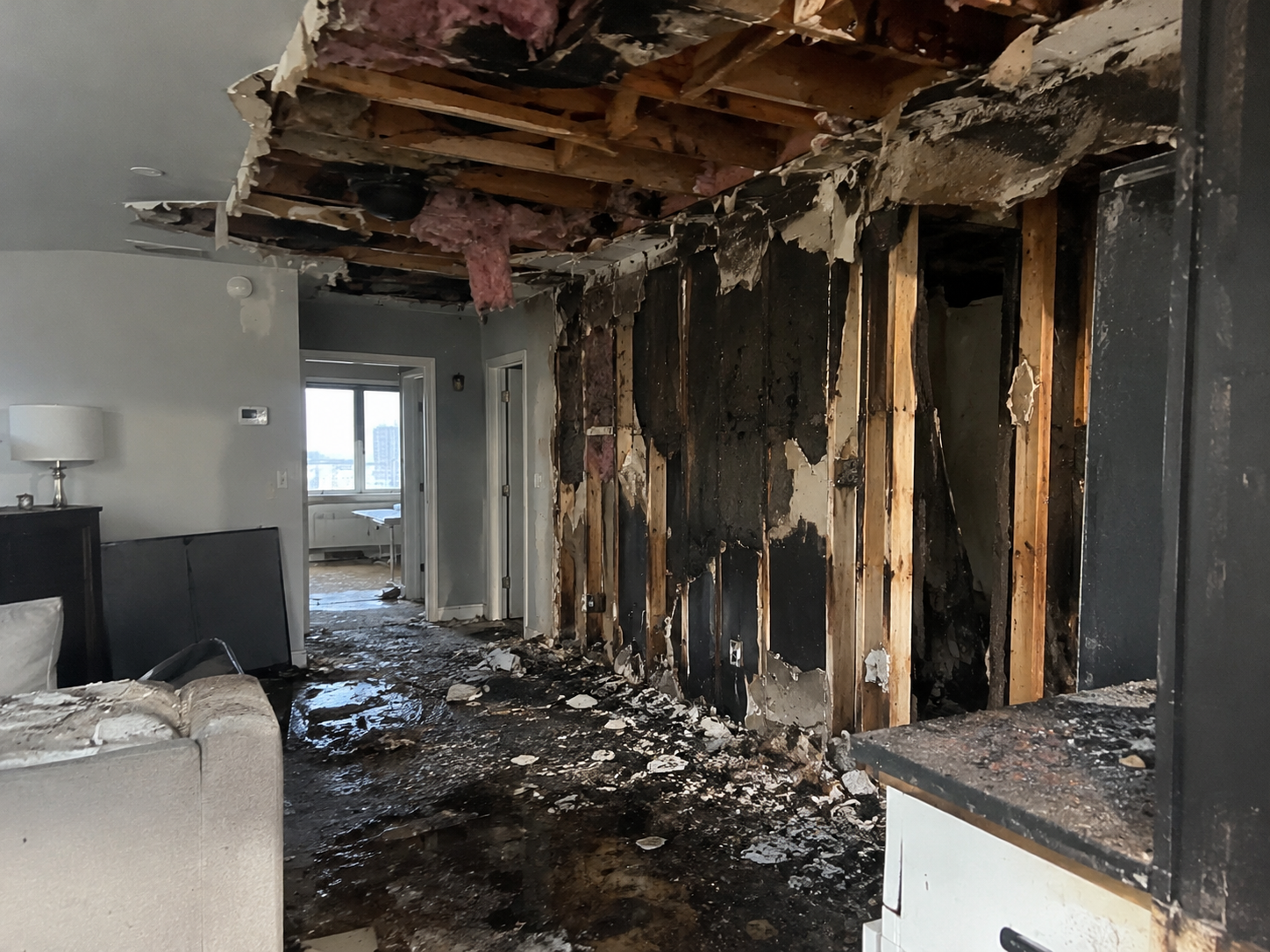 Fire-Damaged Room with Exposed Studs